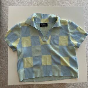 Blue/green cider check pattern collar cropped shirt
